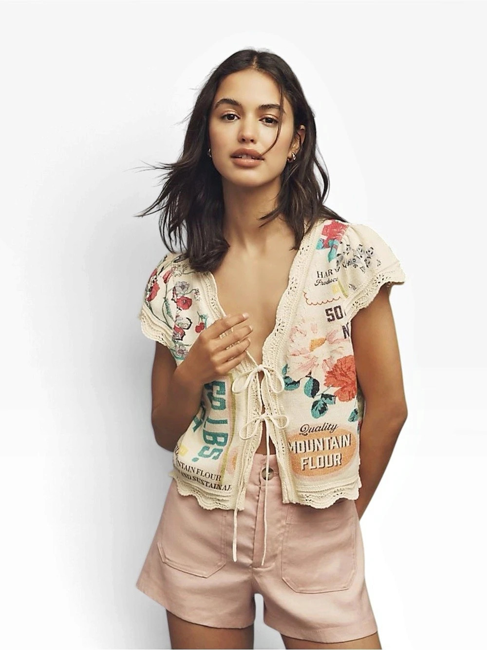 Maeve Anthropologie Graphic Flower Sweater Vest Floral Top Cream & Pink XL NWOT